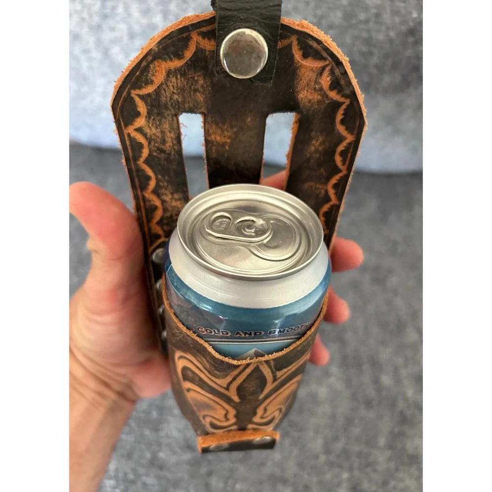 Handmade Leather Beer Holster Fleur De Lis Embossed Belt Beverage Holder Brown